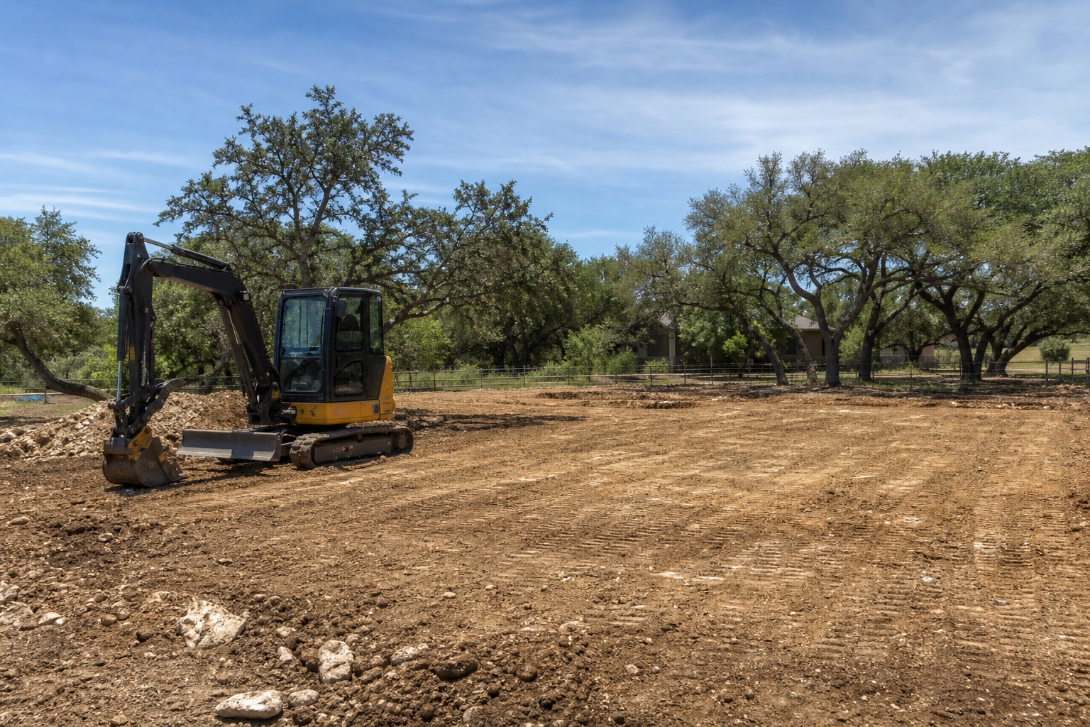 Excavator preparing open ground for construction near Temple, Texas