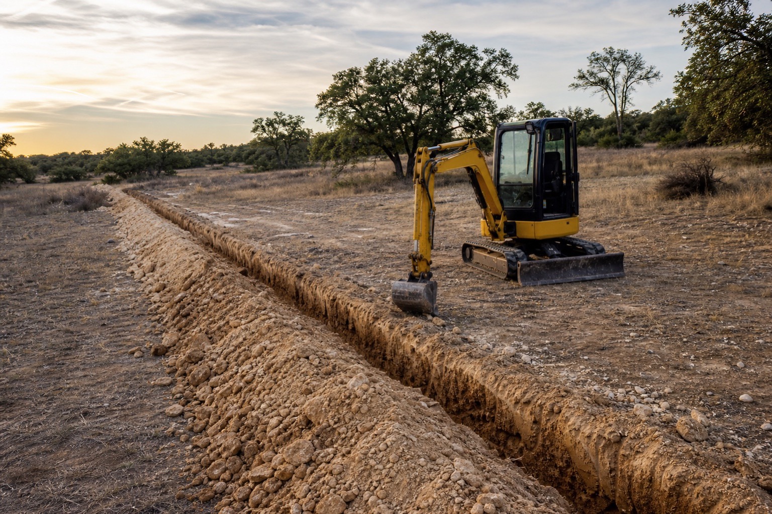 Straight utility trench excavated across an accessible Temple-area site